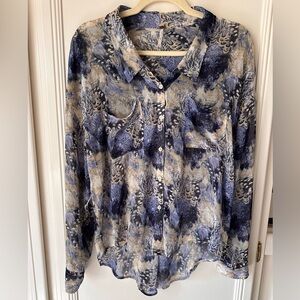 Free People Abstract Print Blouse – Sheer Watercolor Button Down